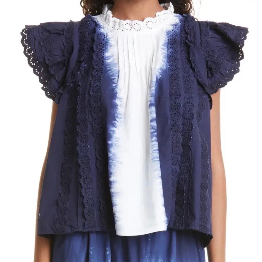 Sea New York Evelyn Eyelet Ruffle Tie Dye Blouse Blue White Size XS